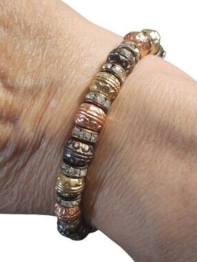 Tri Tone Beaded Stretch Bracelet Gold Gunmetal Rose Gold